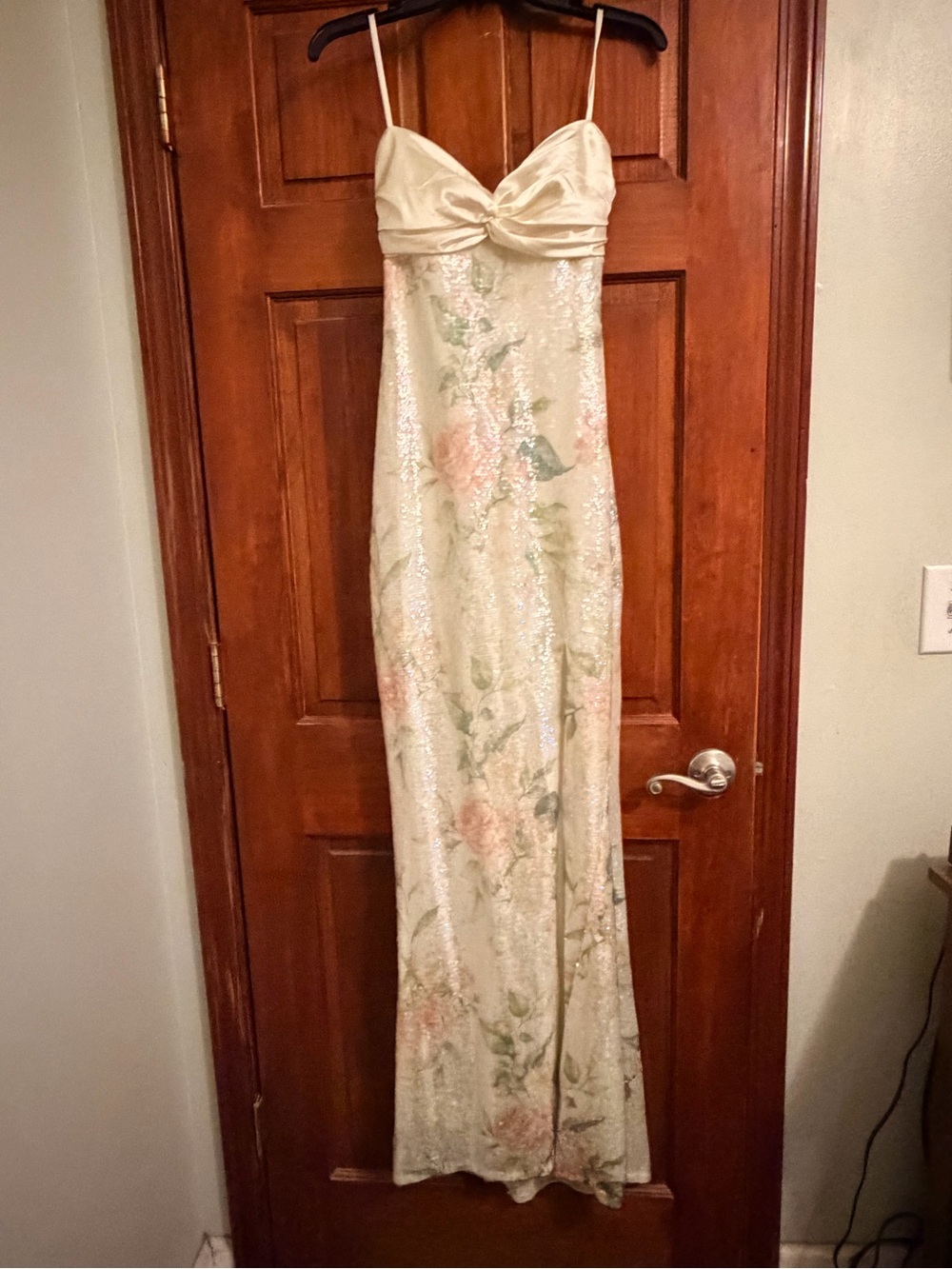 Ivory Floral Sequined Satin Slip Dress with Spaghetti Straps.